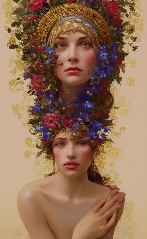 Image similar to a gold oil painting hyperrealism of a beautiful woman on a white background, flowers, painted by mucha, floral headdress, 8 k resolution, octane render, trending on artstation, volumetric light 2 blue fractal thunder glow by dan mumford, anaglyph effect, laurie lipton