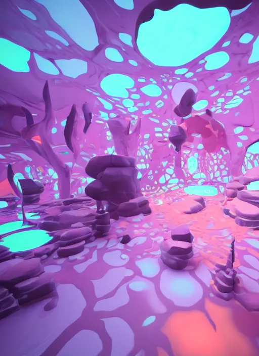 Image similar to : abstract glossty shapes immersive experience meowwolf dalle2 macro lens 3d render unity unrealengine octane