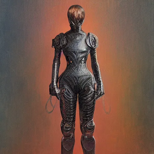 Prompt: full body portrait of beautiful gothic and futuristic fashion model, tight space armour, cyber armour, highly detailed, artstation, illustration, composition, 8 k quality, art by jean delville, rene magritte, hyperrealism oil painting