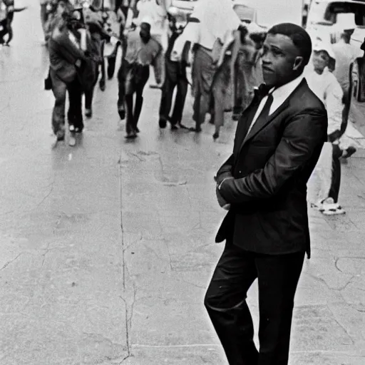 Image similar to vintage photo of a black man wearing a black suit in rio de janeiro