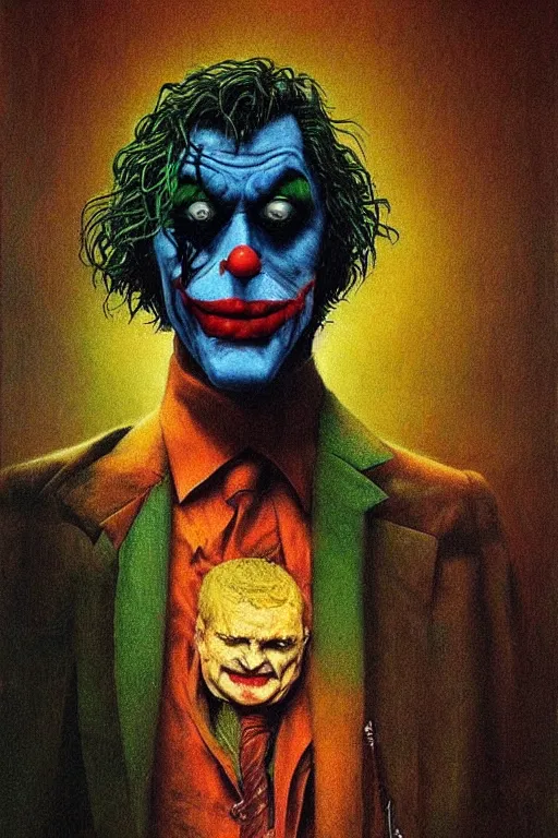 Prompt: Joker, dc comics, dark, painted by Zdislav Beksinski