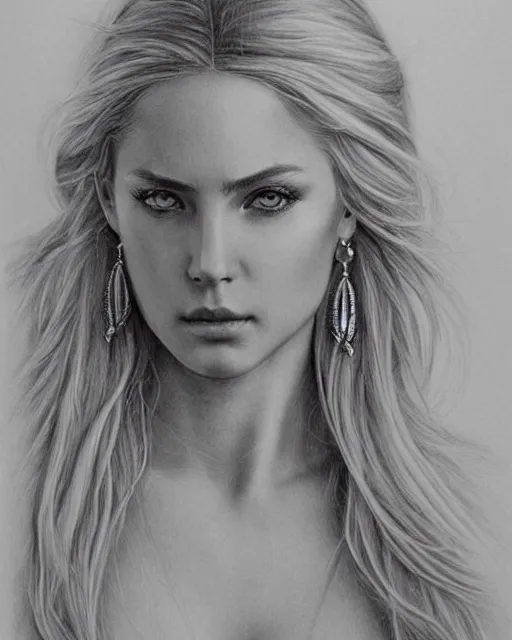 Prompt: pencil drawing of a beautiful greek goddess aphrodite with arrowhead earrings, beautiful piercing eyes, beautiful blonde hair, hyper realistic face, in the style of greg rutkowski, fantasy, amazing detail, epic, elegant, smooth, sharp focus, from the front