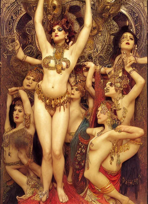 Prompt: hyper realistic painting of tribal fusion bellydance, gold ornaments, flowing fabric, intrincate detail, detwil faces by wayne barlowe, gustav moreau, goward, gaston bussiere and roberto ferri, santiago caruso, and austin osman spare, ( ( ( ( occult art ) ) ) ) bouguereau, alphonse mucha, saturno butto