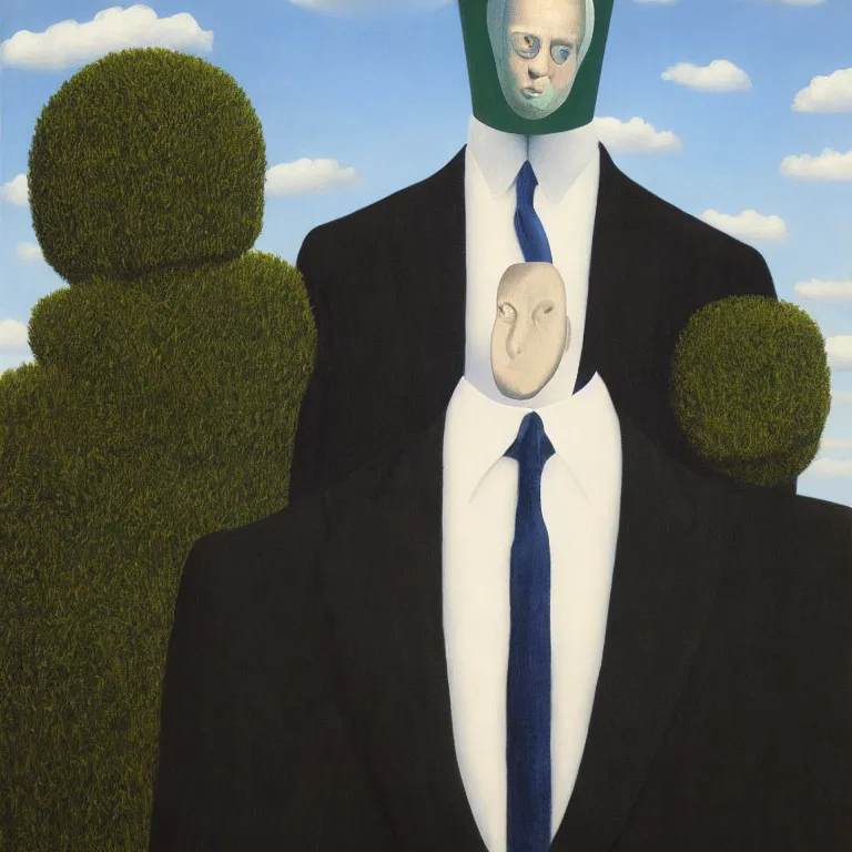 Image similar to portrait of a faceless fish - head man in a suit, clouds in the background, by rene magritte, detailed painting, distance, centered, hd, hq, high resolution, high detail, 4 k, 8 k