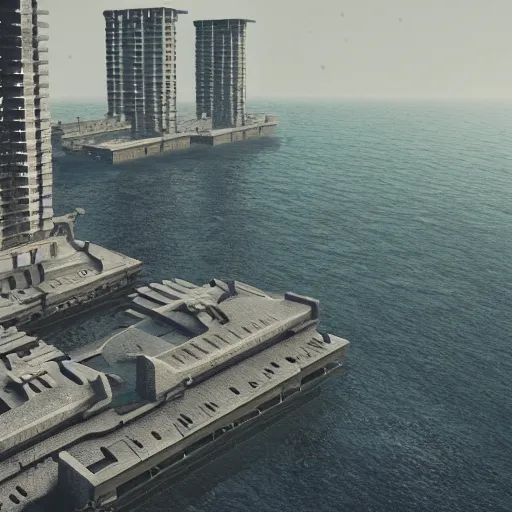 Image similar to communist buildings stand above the sea, brutalism, by zaoeyo ， highly detailed, cinematic landscape ， octane render ， trending on artstation,