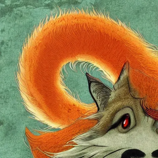 Prompt: a nine tailed fox, kitsune, japanese folklore, realistic depiction