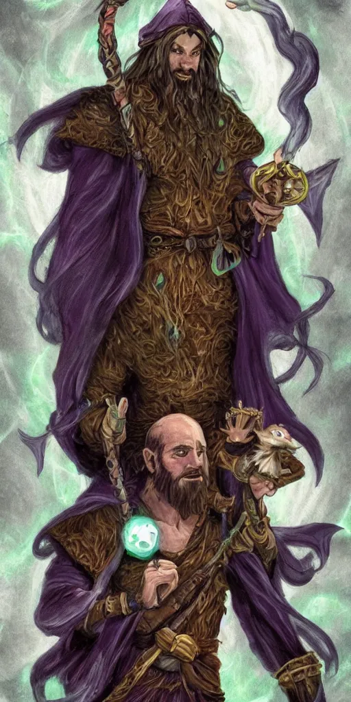 Image similar to dungeons and dragons, realistic,full body long hair goatee warlock with pet imp, magic aura, northern lights