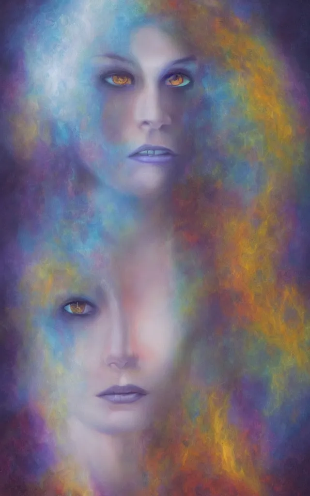 Image similar to iridescent spirit of desire and fear cruel beautiful spirit (androgynous) with golden eyes lunar mythos ambient fog, award winning oil painting, distinct color palette