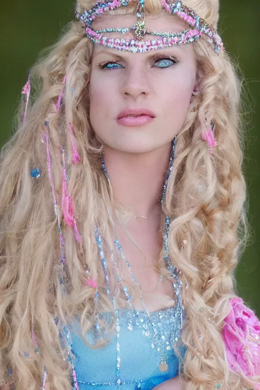 Image similar to a princess with long blonde hair and light blue eyes wearing a strapless elaborately beaded pink dress standing next to a brown canvas army tent, high resolution film still, 8k, HDR color, film by Simon Langton and David Frankel, triangular face, very light freckles, round narrow chin, straight jawline, natural lips, high cheekbones, beautiful gazing eyes