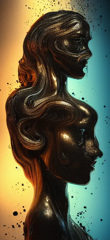 Prompt: epicillustration, abstract sculpture of beautiful female face and black swirling liquifying acrylic portrait, fluffy clouds, golden hour, beautiful light, 3 d sculpture of carving marble, dark colors, dark mood, one point lightning, golden spirals, epic matte painting, concept art, digital painting