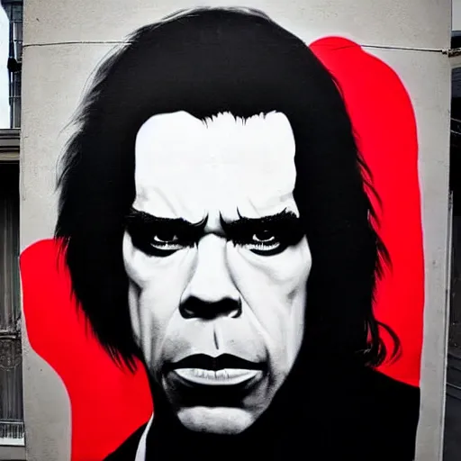 Image similar to portrait of nick cave looking intense street art black white and red