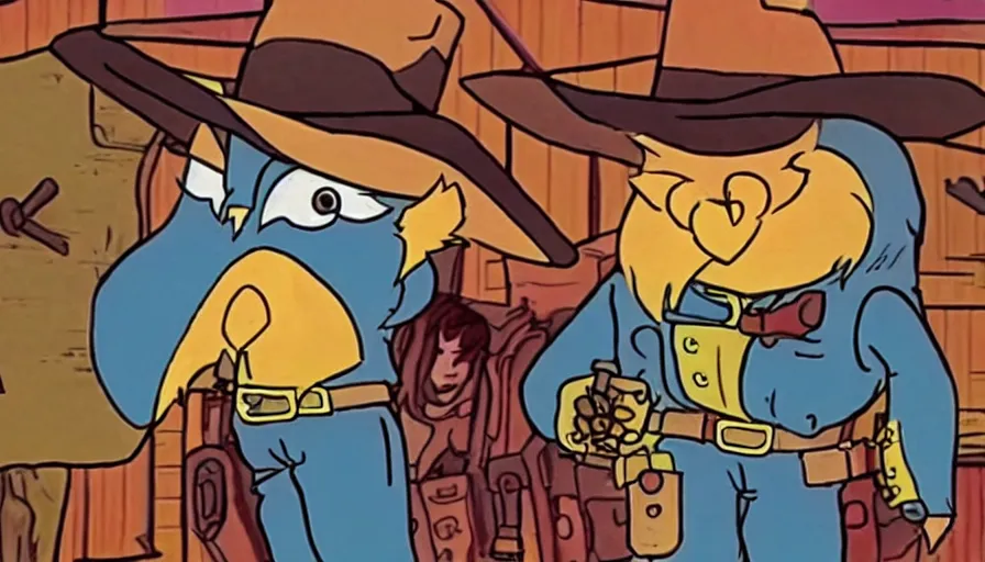 Image similar to saturday morning cartoon show about an wild west owl dressed up as a gunslinger vigilante with a eye mask, screenshot from 1990s animated show