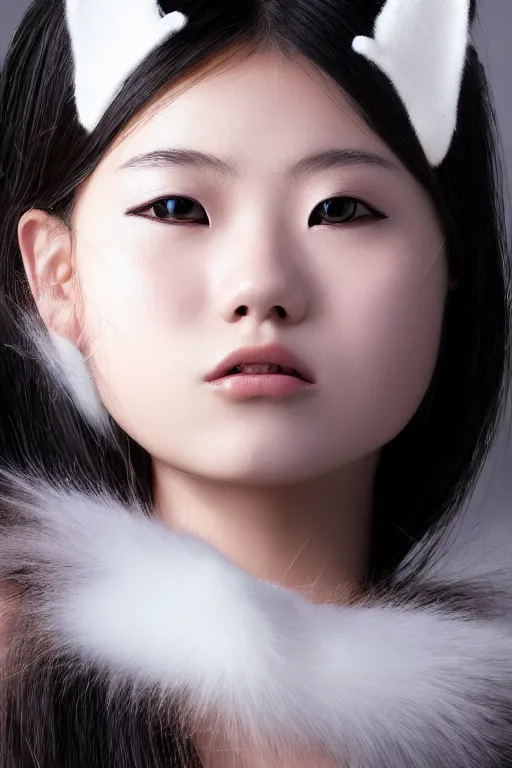 Image similar to aesthetic photograph of alluring young Japanese woman wearing white cat ears, by Nick Knight and jia ruan, headshot, cosplay, realistic, photorealistic, HD, 4k resolution