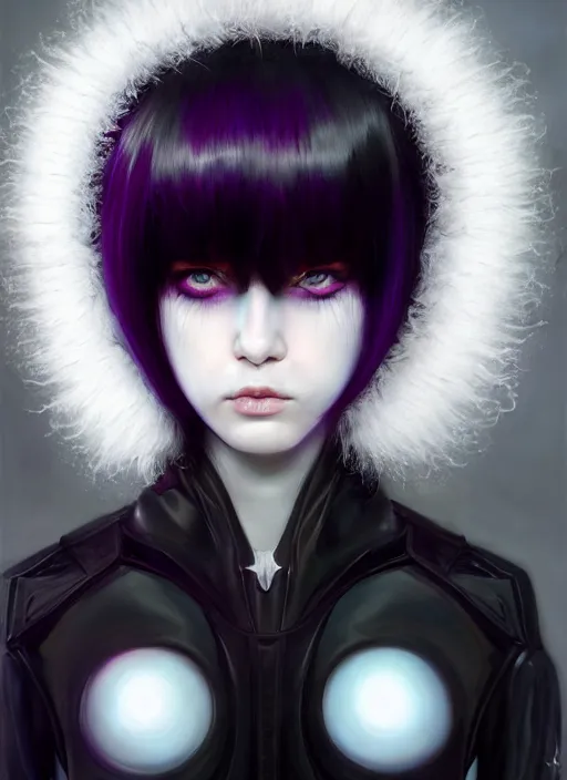 Image similar to whitebangs, black hair, black cyberlox, portrait of white teenage girl, normal face, white bangs, fluffy bangs, cyberlox, whitebangs, red contact lenses, purple background, intricate, elegant, highly detailed, digital painting, artstation, concept art, sharp focus, smooth, illustration, art by wlop, mars ravelo and greg rutkowski