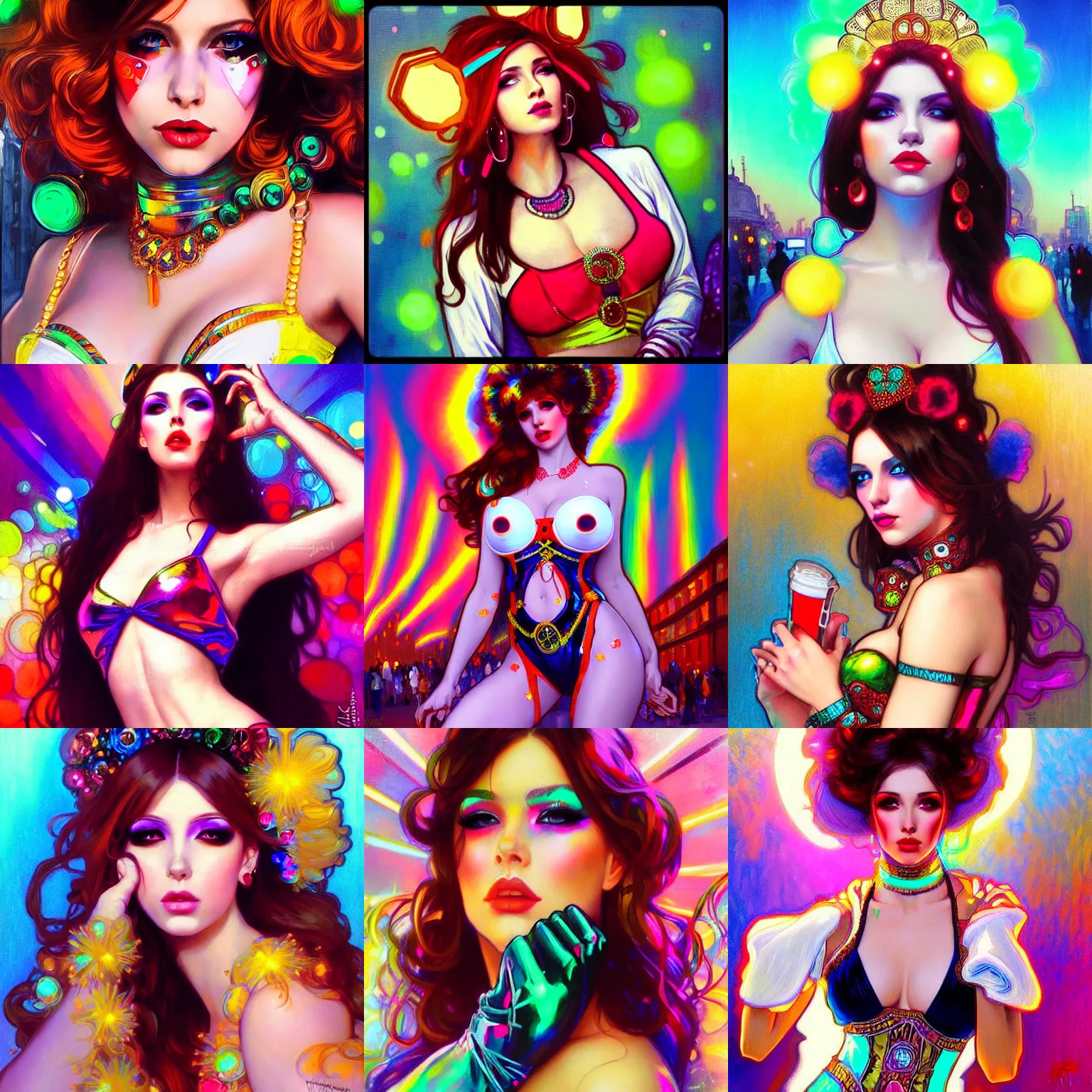 Prompt: portrait of gorgeous white brunette russian college woman in a rave outfit on a busy downtown sidewalk, bright colorful makeup | artgerm, mucha