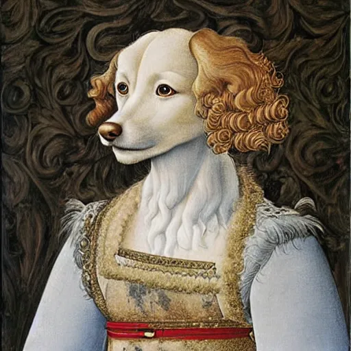 Prompt: portrait of a white labrododdle dog with curly white fur as an italian queen, painting by botticelli, 1 4 8 0 s