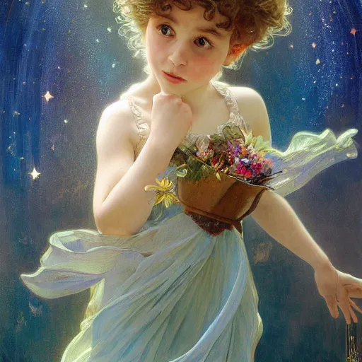 Prompt: a cute little girl with a round cherubic face, blue eyes, and short curly light brown hair floats underwater with stars all around her. She is wearing a colorful dress. Beautiful painting by Artgerm and Greg Rutkowski and Alphonse Mucha
