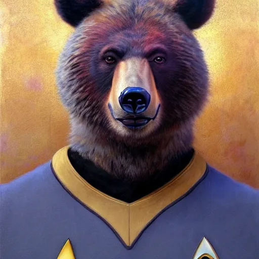 Image similar to a portrait of a bear bearman in a starfleet uniform star trek chief engineer. zootopia fursona furaffinity furry art detailed face highly detailed painting by gaston bussiere craig mullins jc leyendecker gustav klimt artgerm greg rutkowski furry