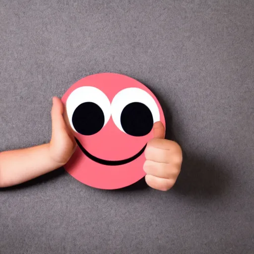 Prompt: child drawing of smiling emoji face with thumb up and red eyeballs.