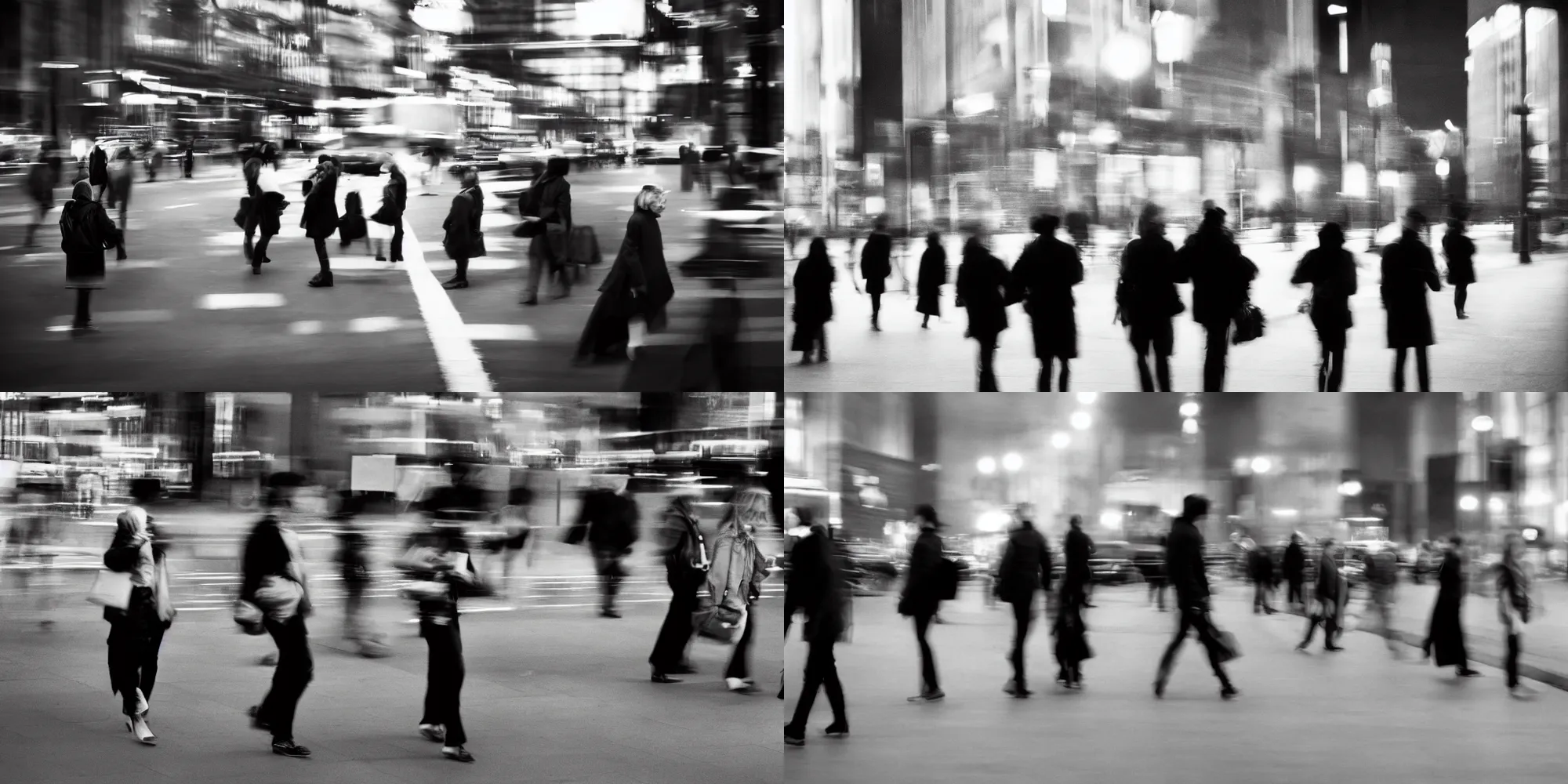 Prompt: multiple people walking in the city by richard avedon. street photography. black and white. ilford delta. long exposure, motion blur.