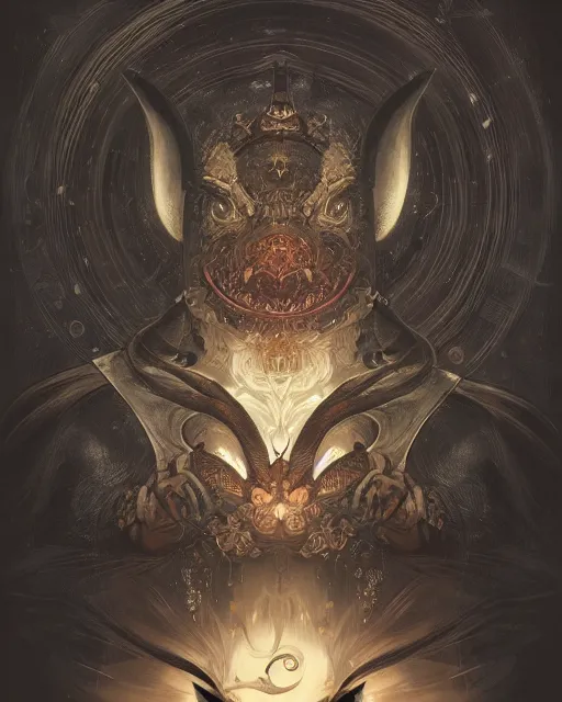 Image similar to Anthropomorphized black rabbit monk, centered, portrait, symmetrical, Path of Exile, Diablo, Warhammer, digital painting, highly detailed, concept art, Nekro, Peter Mohrbacher, Alphonse Mucha, Brian Froud, Yoshitaka Amano, Kim Keever, Victo Ngai, James Jean