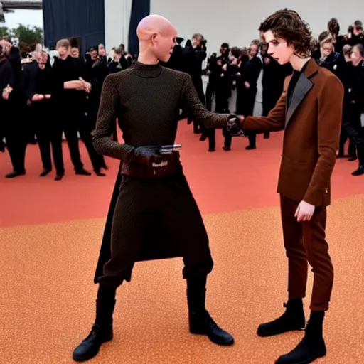 Image similar to knife-fight duel between bald_hairless_Austin_Butler-dressed-in-black and Timothee_Chalamet_dressed-in-brown-felt, on a mosaic floor, inspired by Dune 2020, detailed faces