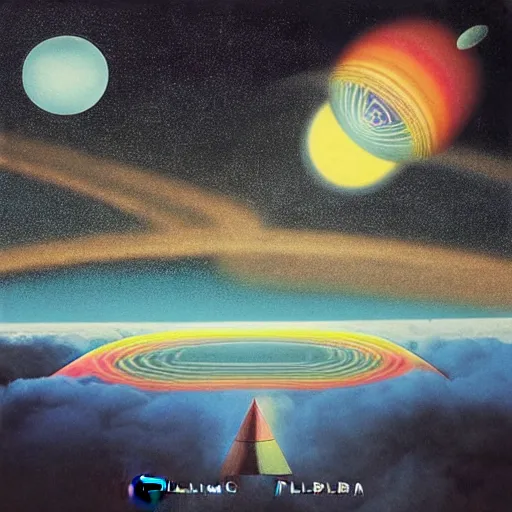 Prompt: album cover of dreamy kalimba lullabies through space by pink floyd, science fiction