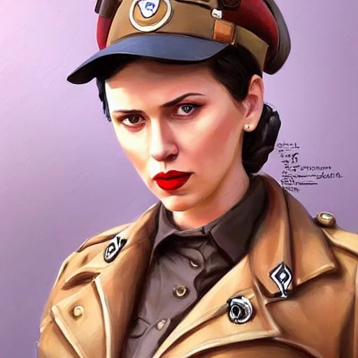 Image similar to portrait of nadezhda konstantinovna krupskaya as scarlett johansson in team fortress 2 style, epic, tragic, military art, fantasy, dieselpunk, hd shot, digital portrait, beautiful, artstation, comic style, by artgerm, guy denning, jakub rozalski, magali villeneuve and charlie bowater