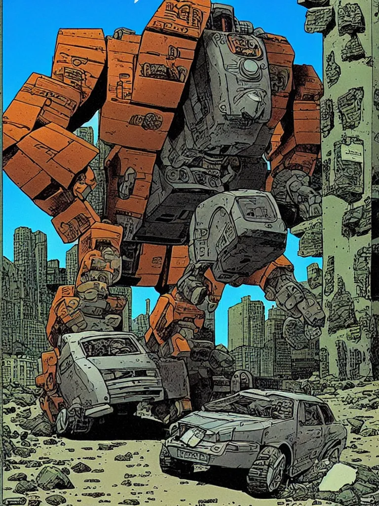 Image similar to an individual Giant stone robot walking down the street, a crushed car is under the robot’s foot by Richard Corben