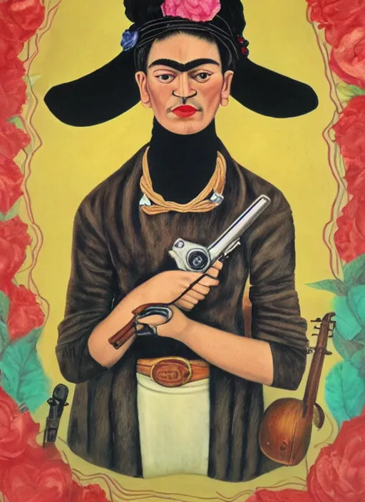 Image similar to frida kahlo as a six shooter cowboy