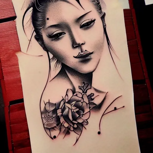 Image similar to tattoo design, stencil, traditional Japanese, beautiful portrait of a girl by artgerm, artgerm, digital art