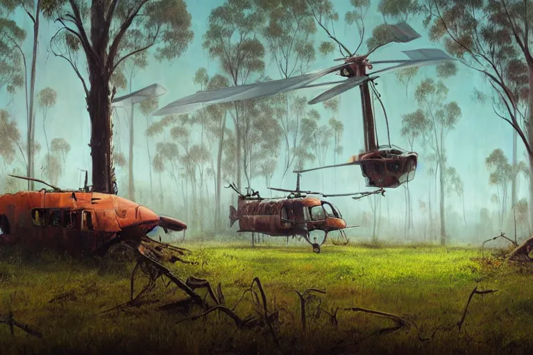 Prompt: hyper realistic painting of an australian landscape an abandoned crashed rusted helicopter is half buried under the ground covered with moss. by _ simonstalenhag