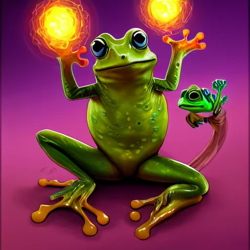 Image similar to A professional digital portrait painting of a frog wizard, painted in the style Arcane, 4k, digital art, trending on cgsociety, highly detailed, upper body shot, shallow depth of field, purple and yellow lighting, professional lighting, airbrush