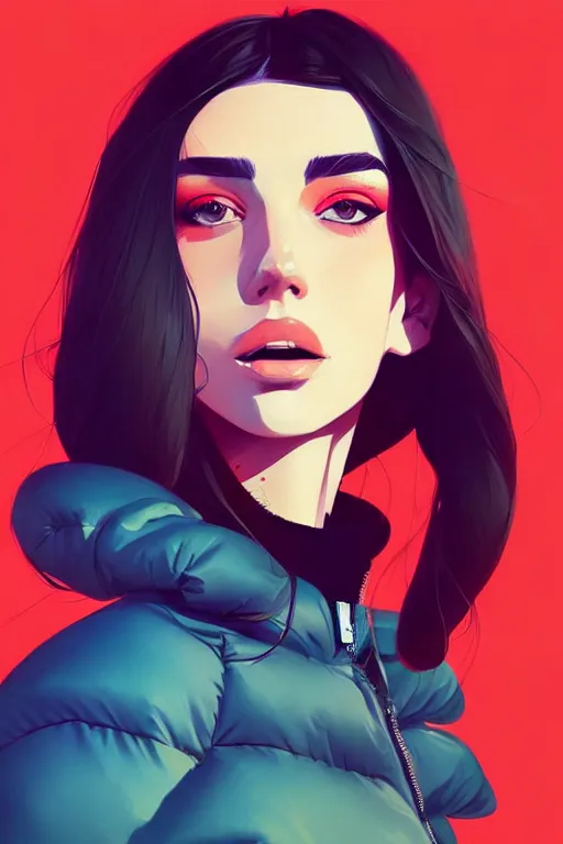 Image similar to a ultradetailed beautiful painting of a stylish woman wearing a puffer jacket, by conrad roset, greg rutkowsk and ilya kuvshinov trending on artstation