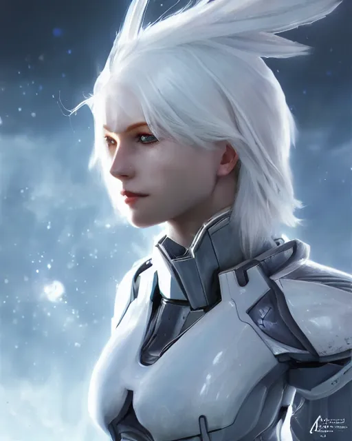 Image similar to perfect white haired girl, warframe armor, beautiful, pretty face, blue eyes, detailed, windy weather, scifi, platform, laboratory, experiment, 4 k, ultra realistic, epic lighting, high detail, masterpiece, by akihito tsukushi, charlie bowater, ross tran