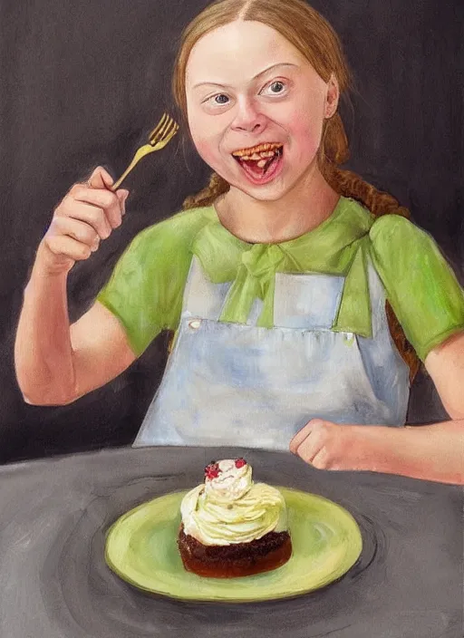 Image similar to greta thunberg eating cakes painted by otto dix, detailed digital art, trending on Artstation