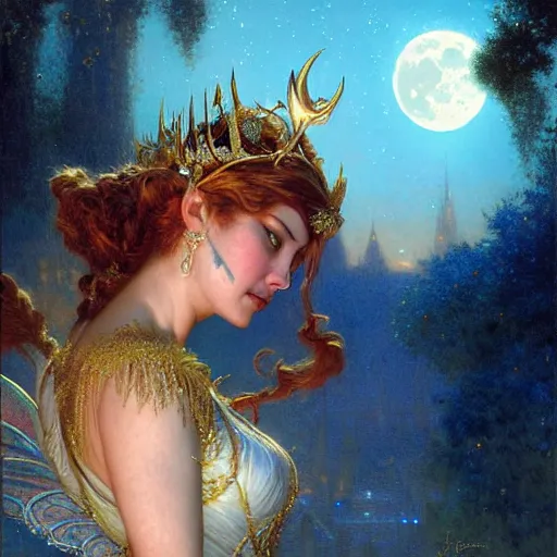 Image similar to attractive fairy queen fly high in the night, fantasy, full moon in background. hyper detailed painting by gaston bussiere, craig mullins, j. c. leyendecker, mid shot, 8 k, cryengone, cinematic lighting, beautiful,