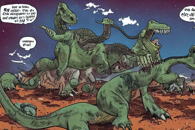 Prompt: cowboys riding dinosaurs fighting against mecha goblins, comic, lazers, action
