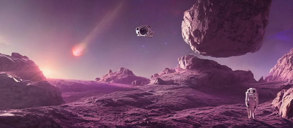 Image similar to one astronaut on purple crystal, beautiful dynamic lighting, cinematic, wide angle establishing shot, extremely high detail, photo realistic, cinematic lighting, post processed, concept art, artstation, matte painting, style by frederic church, raphael lacoste, unreal engine 8 k, roger deakins