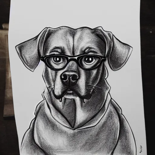 Prompt: charcoal drawing wailing eyeglasses dog