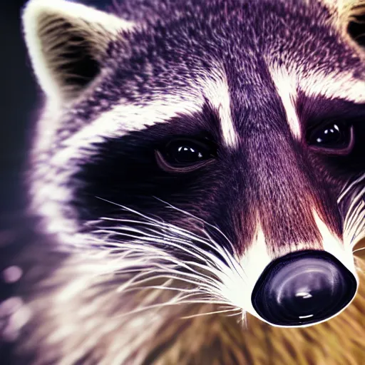 Image similar to a hyperrealistic octane render of a raccoon holding a dslr camera taking a photograph, photorealism, unreal engine, dramatic lighting, volumetric lighting, uplighting