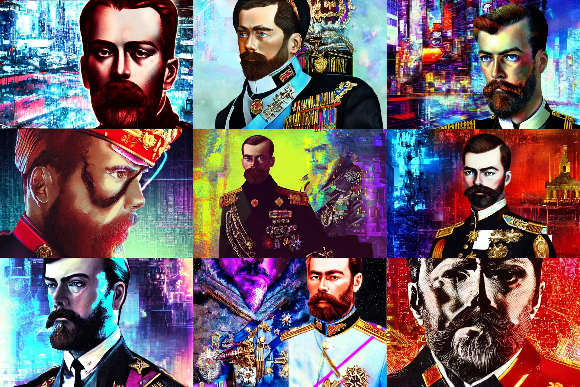 Image similar to Nicholas II of Russia, cyberpunk, synthwave, glitch, digital art, detailed, photo realistic