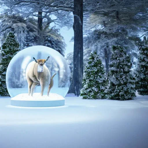 Image similar to a zoo inside a snow globe, octane render, unreal engine 5, animals, trees, white background, realistic, photo realism