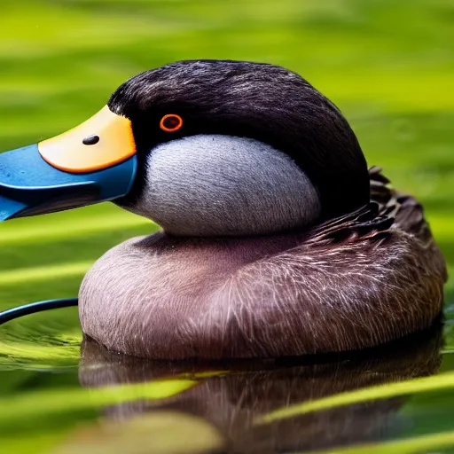 Image similar to photo of a duck wearing headphones