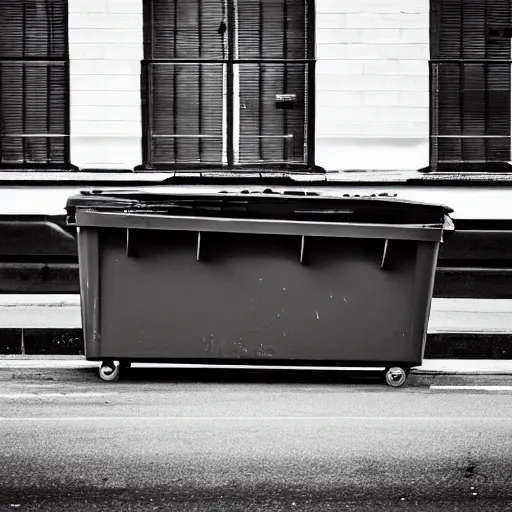 Prompt: photograph of a dumpster on the street. highly detailed. black and white