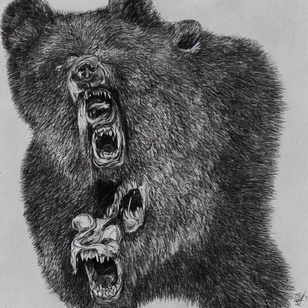 Image similar to horrifying bear, fangs, style of mark powell