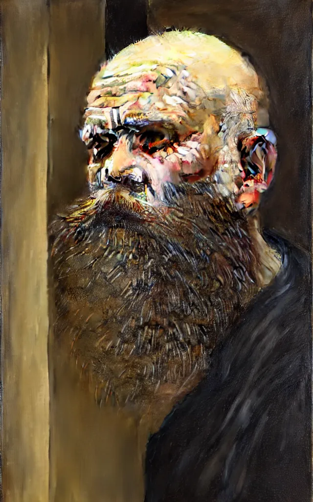 Prompt: realist painted portrait of a rugged bald middle aged man with greying beard standing in a darkened doorway, strong brushwork, natural lighting