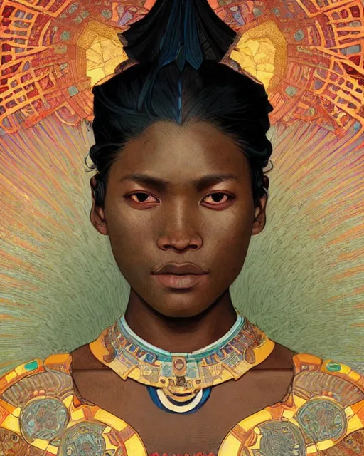 Prompt: colourful upper half portrait of dark - skinned tribal warrior - art by tenmyouya hisashi, hsiao - ron cheng & alphonse mucha, highly detailed, digital painting, illustration, smooth, sharp focus, intricate, symmetry, pinterest, behance, artstation