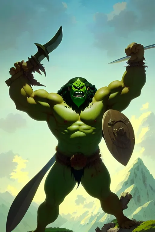 Image similar to orc barbarian male, green skin, exquisite details, big axe, earth magic, mid view, design on a white background, by studio muti, greg rutkowski makoto shinkai takashi takeuchi studio ghibli