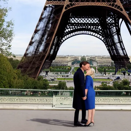 Image similar to marine le pen and Emmanuel macron kissing under the eiffel tower